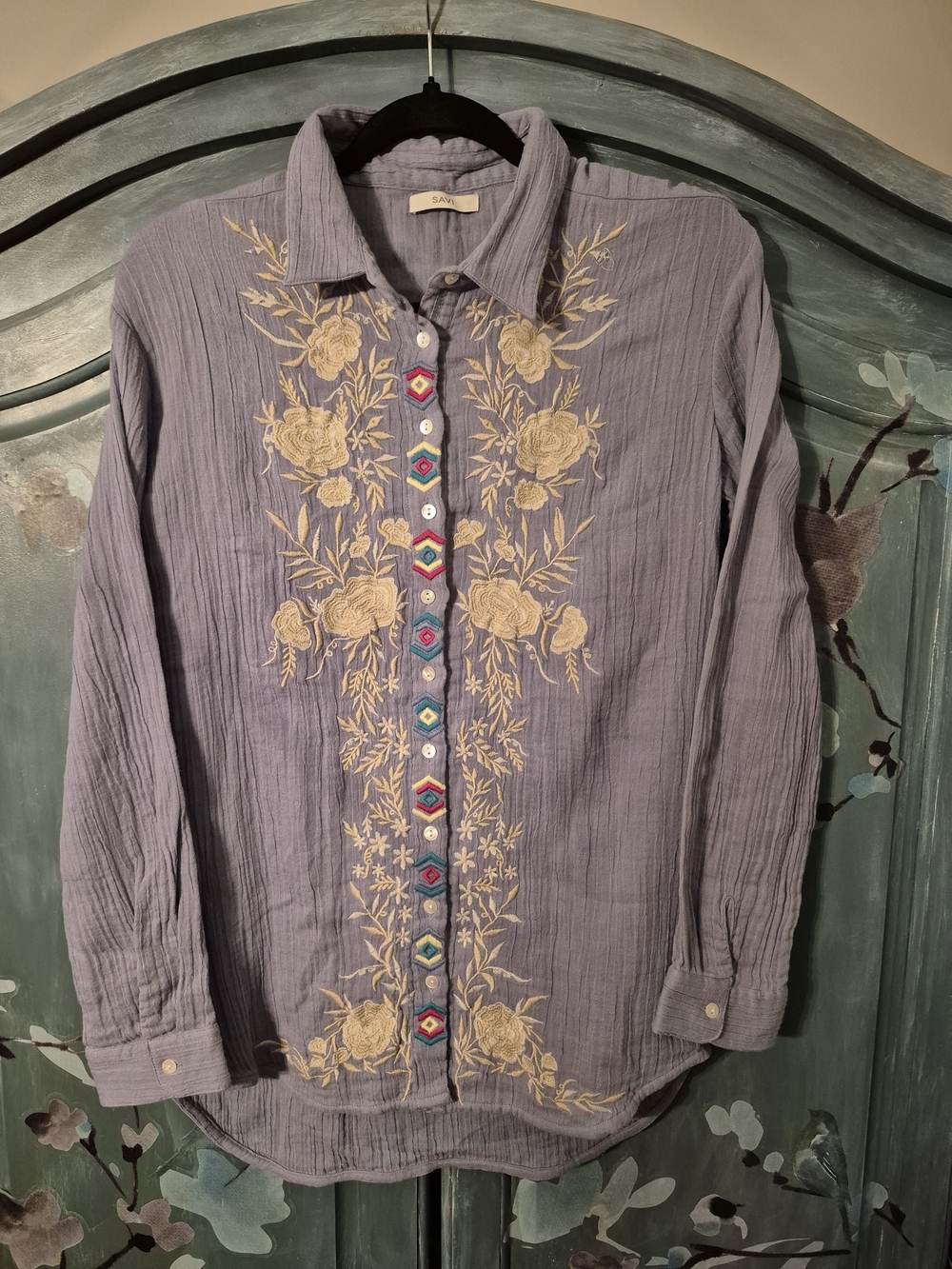 Savi Embroidered Dusty Blue Gauze Cotton Shirt